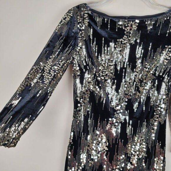 Eliza J Size 2 Sequin Velvet Shift Mini Dress 3/4 Sleeve Party Black Gold - Picture 7 of 12